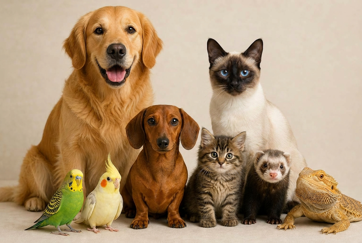 A variety of happy pets — dog, cat, rabbit, parrot, hamster, reptile, and fish — representing the diverse patients vet practices care for